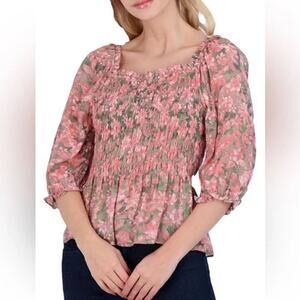 Nanette Lepore Peasant Top Womens L Pink Floral Smocked Boho Cottagecore Prairie